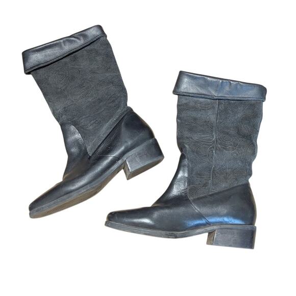 Vintage Markon Suela Leather Floral Embossed Riding Boots Black Cowboy Western - Picture 2 of 7